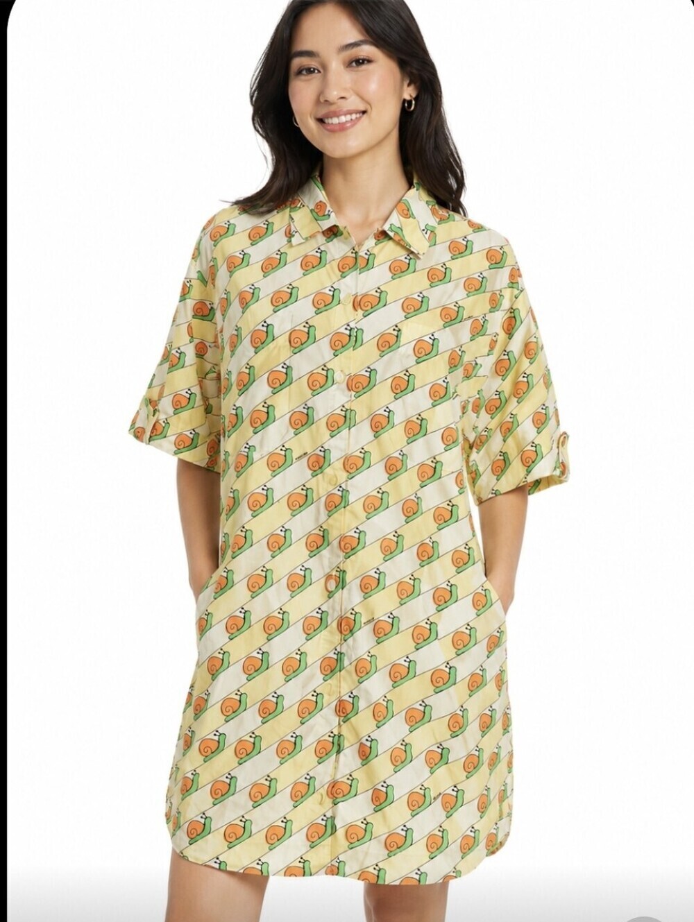 Coach Snail Print Short Sleeve Buttondown Shirt Dress 6 NWOT
